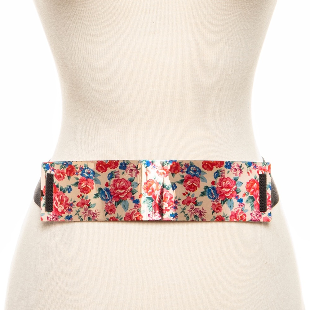 Floral Print Gold Metal Plate Iconic Elastic Stretch Waist Statement Belt